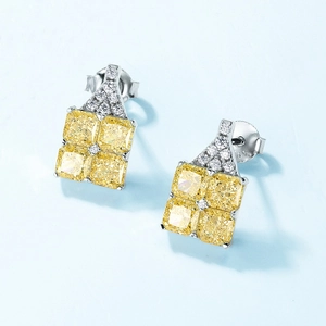 Square yellow carbon diamond stud earrings in 925 silver with sparkling ice cut finish