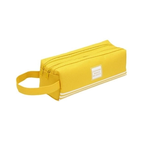 Large capacity yellow canvas pencil case with multi-layer zippers and carrying handle