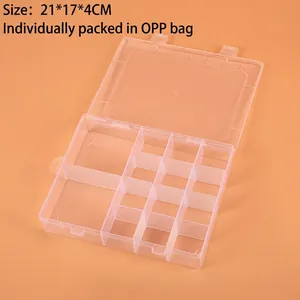 Detailed view of a 14-compartment clear PP storage box measuring 21x17x4cm with lid