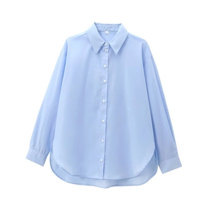 Classic light blue button-down cotton shirt with curved hem and long sleeves