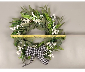 Artificial eucalyptus wreath with white berries and checkered bow detail, 45cm diameter