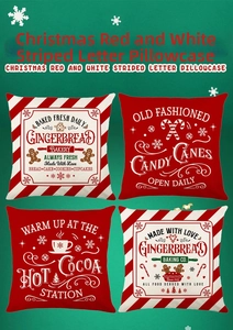 Detail of four Christmas pillow covers with Gingerbread Bakery and Hot Cocoa festive prints