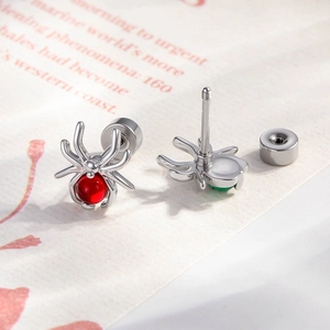 Niche silver spider stud earrings with red beads and screw back for cartilage piercing