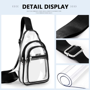 Detail view of transparent PVC crossbody bag showing strap texture and metal adjustment buckle