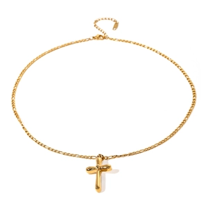 Collier avec pendentif croix en acier inoxydable plaqué or 18k et chaîne Figaro femme