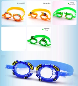 Various cute cartoon animal swimming goggles for kids featuring crab and fish designs