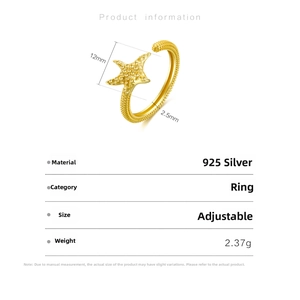 Detailed size parameters of adjustable S925 sterling silver starfish ring with gold finish