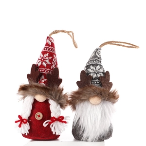 Christmas reindeer gnomes hanging ornaments in red and gray knitted fabric with wood buttons