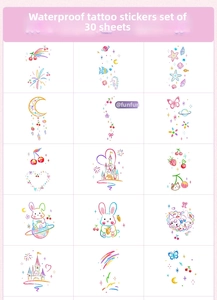 Set of 30 waterproof temporary tattoos featuring cute hand-drawn cartoon illustrations