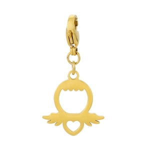 Pendentif ailes d'ange et cœur en acier titane doré avec fermoir mousqueton sur fond blanc