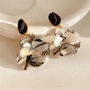 French Vintage Flower Drop Earrings Resin Marble Ink Pattern With Silver Earring Post Elegant Statement Jewelry Women