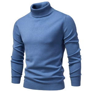 Detailed texture of blue men's slim-fit turtleneck sweater with premium knit patterns