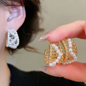 Elegant C-Shape Hollow Stud Earrings With Imitation Artificial Pearl Woven Metal Geometric For Women Silver Earring Post