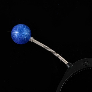 Detail of blue glitter eyeball antenna with spring on a black Halloween headband