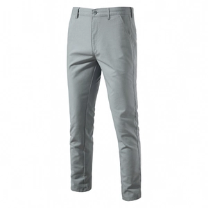 Detailed view of gray linen-cotton men's trousers with button fly and seam texture