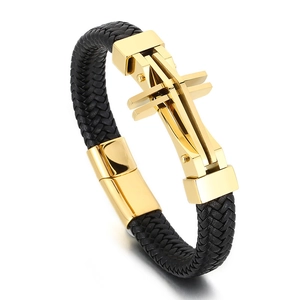 Men's braided leather cross bracelet with gold metal clasp shown at a 45-degree angle