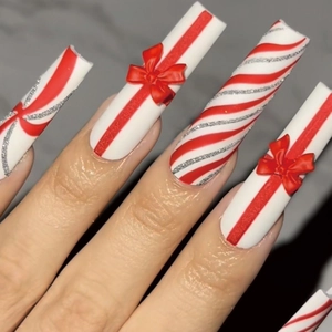 Christmas Press On Nails Extra Long Square Red White Stripes Silver Glitter 3D Resin Bow Holiday Party Nails For Women