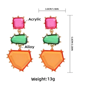 Detailed view of colorful acrylic geometric earrings with precise size and weight measurements