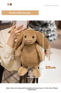 Detailed view of brown plush bunny toy measuring 35cm in height with soft long ears