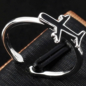 Minimalist silver airplane open ring with adjustable band in a sleek polished finish