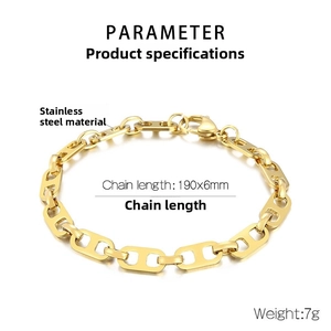Detailed specs of 6mm wide golden stainless steel H-link chain bracelet for men