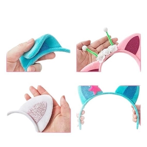 Detail of colorful cat ear headbands with flowers, sequins, and flexible plastic frames