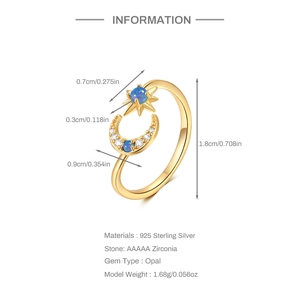Detailed view of gold S925 silver ring with opal moon star and precise dimensions