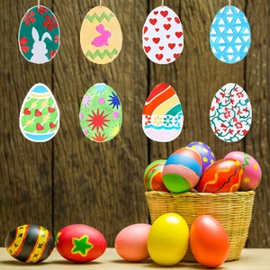 Set of 8 colorful Easter egg hanging decorations with bunny and geometric patterns
