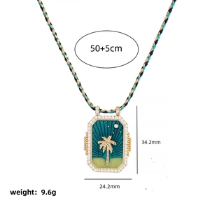 Gold tarot card necklace with palm tree and star enamel pendant on 50+5cm chain