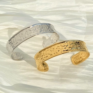 Wide Hammered Cuff Bracelet Stainless Steel Irregular Texture Minimalist Open Bangle For Women