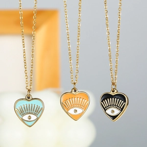 14k gold plated stainless steel heart necklaces with colorful evil eye enamel charms