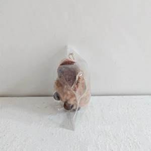 Detailed close-up of a brown plush puppy Christmas ornament in clear protective packaging