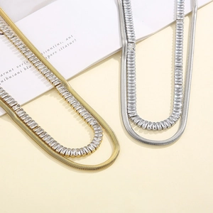 Double-layered gold and silver snake chains with rectangle zircon tennis necklace