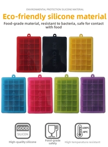 Detailed view of colorful 24-grid silicone ice cube molds in seven different bright colors