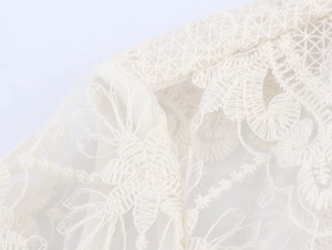 Dettaglio ricamo in pizzo avorio elegante con motivi floreali delicati e trama in mesh