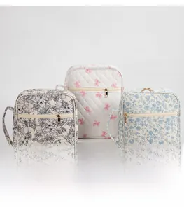 Detailed view of quilted book storage bags in three patterns with convenient side handles