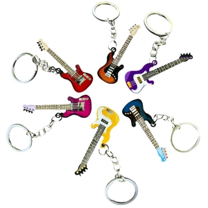 Set of six colorful stainless steel electric guitar and bass shaped hip-hop keychains