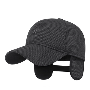 Winter thermal baseball cap for men with ear flaps and H embroidery in dark grey
