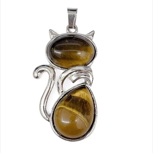 Natural tiger eye stone cat shaped pendant necklace with silver metal trim details