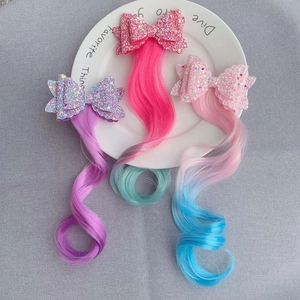 Girls gradient hair extensions with sequin bows, long curly wigs for kids hair accessories