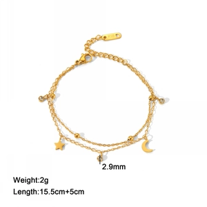 Double-layered 18K gold plated celestial star and moon chain bracelet for women