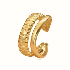 Minimalist double-layered golden stainless steel ear cuff with textured and smooth bands