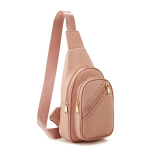 Close-up of pink synthetic leather chest bag showing texture and multi-zipper compartments