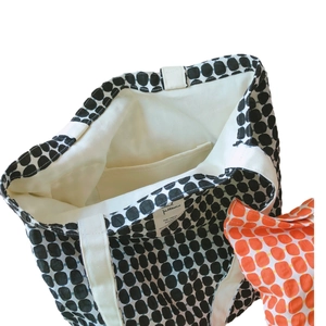 Summer cotton tote bag featuring geometric black and white polka dots with inner pocket