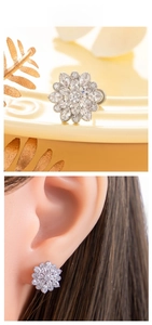 Detail view of flower-shaped titanium earrings with marquise-cut zircons and ear-worn display