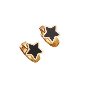 Minimalist gold-plated star hoop earrings with black enamel inlay in a pair set