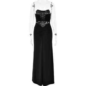 Detail of the back lace-up closure and pleated fabric on a black strapless maxi dress