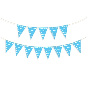 Close-up of sky blue and white cloud pattern triangle bunting flags for party decoration