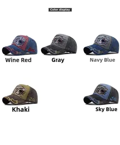 Matrix display of 3D shark embroidery baseball caps in five washed vintage colors