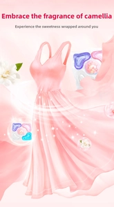 5D multi-effect laundry detergent pods with gardenia scent and pink silk texture detail